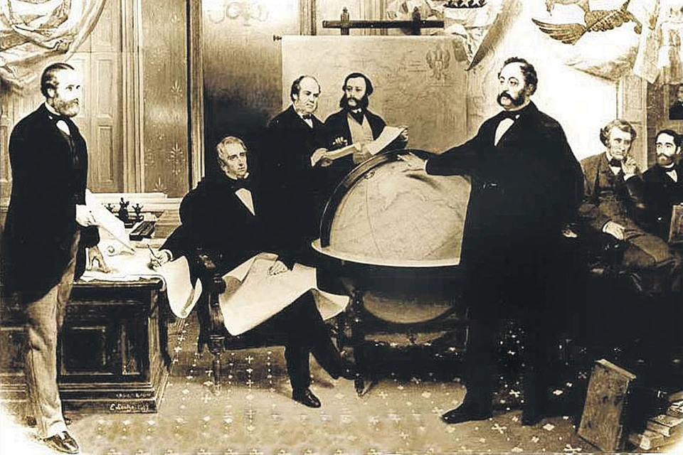 Госсекретарь США Уильям Сьюард (второй слева) держит в руках карту Северной Америки, предлагая посланнику России в Вашингтоне барону Эдуарду Стеклю (третий справа) соглашаться на условия продажи Аляски. Emanuel Leutze