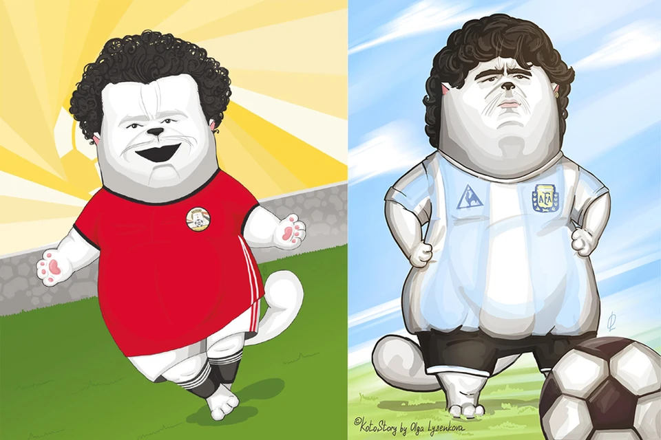 Вот такие футбольные коты - египтянин Мохамед Салах и аргентинец Диего Марадона. Рисунки Ольги Лысенковой.