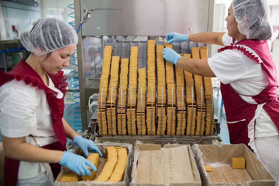 Работницы кондитерской фабрики упаковывают печенье.