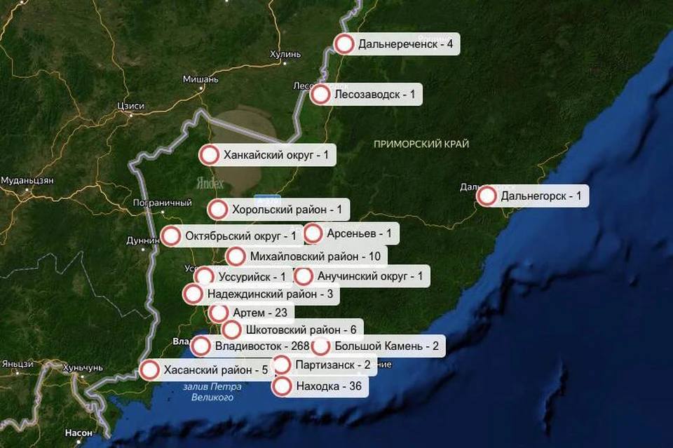 Распространение коронавируса в Приморье. Карта: "Яндекс"