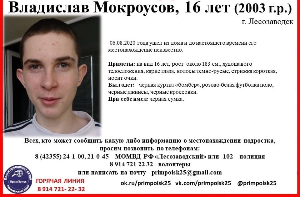 Волонтеры и полицейские завершили поиски пропавшего подростка из Приморья