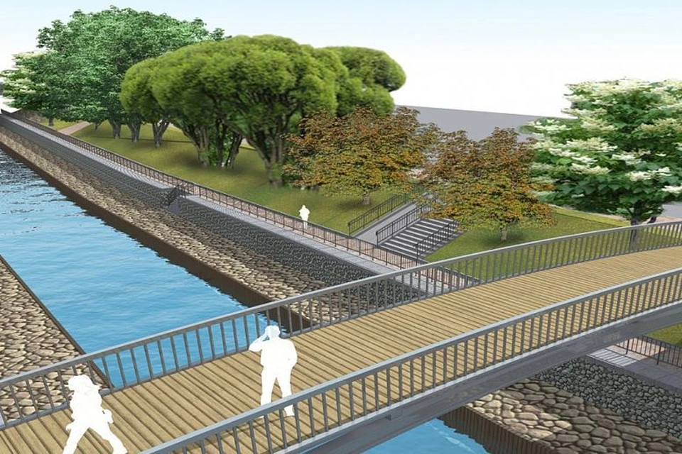 Проектом предусмотрены пешеходная зона, два моста, освещение, дополнительное озеленение.