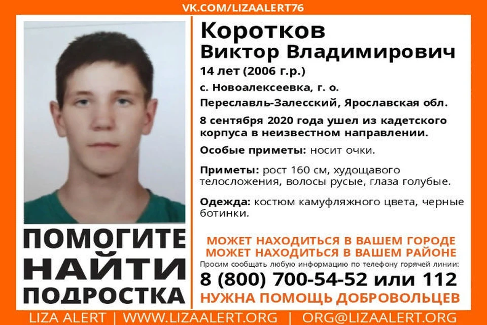 В Ярославской области ищут 14-летнего Виктора Короткова. ФОТО: Поисковый отряд «ЛизаАлерт» Ярославской области
