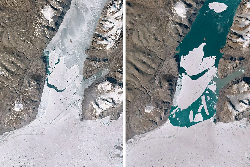 Комбинация снимков с таянием льда на арктическом побережье Гренландии за один месяц.