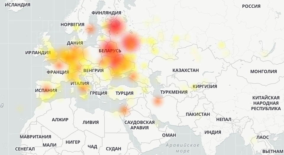 Пользователи сообщили о сбоях в работе Telegram. Фото: скрин карты сбоев на Downdetector