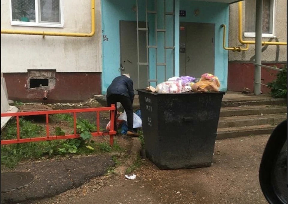 Бабушка тащит домой чужие отходы