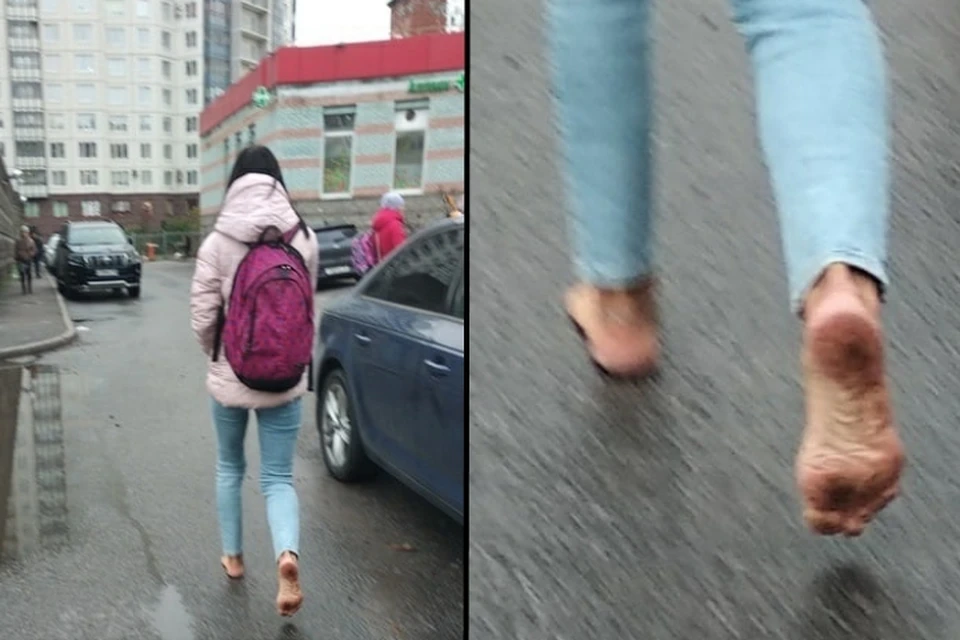 Босая петербурженка удивила прохожих на улице Оптиков. Фото: vk.com/sosedi_kvartala