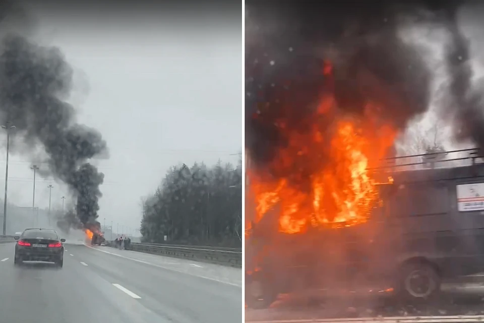 "Газель" сгорела на КАД. Фото: vk.com/spb_today