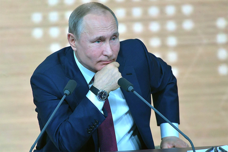 Президент РФ Владимир Путин на большой ежегодной пресс-конференции в 2019 году.
