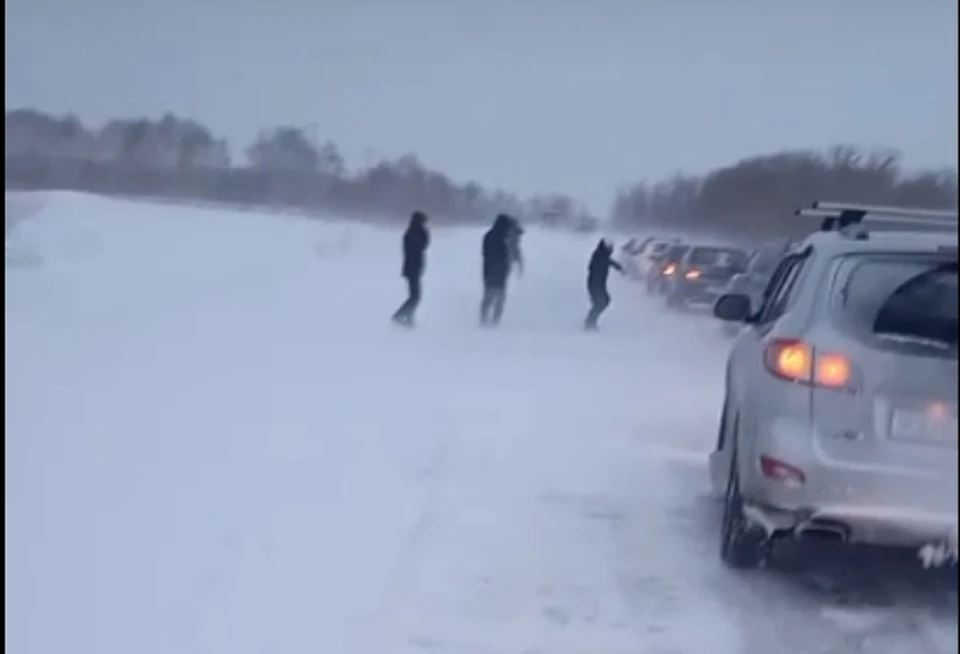 На трассах в области просто невозможно было проехать из-за снежных завалов. Десятки машин ждали спецтехнику. Фото: скриншот видео («ЧП Омск»)