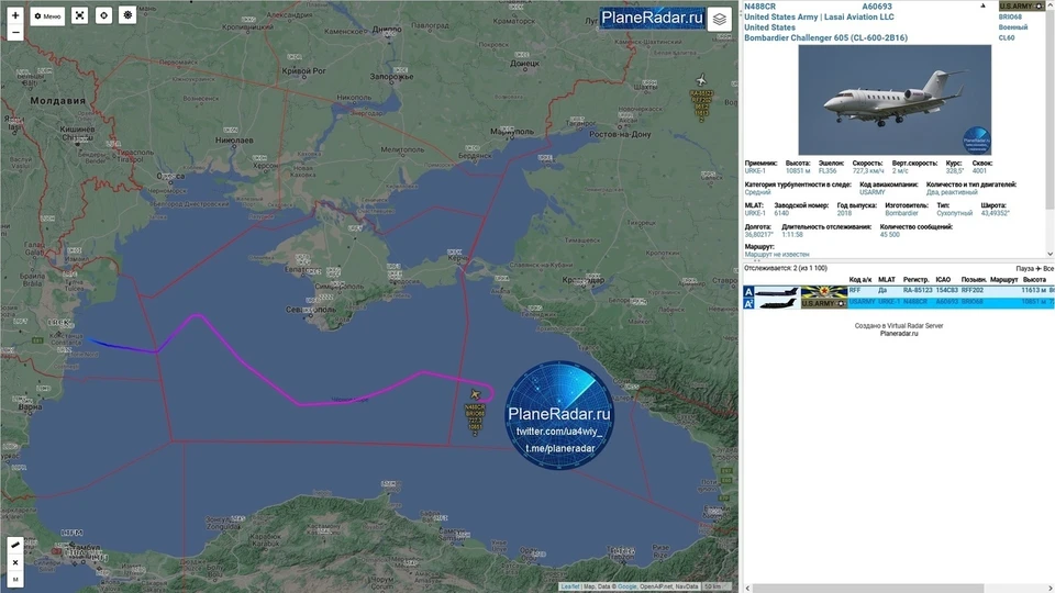 У берегов Крымского полуострова самолет замечен в 09.15. Фото: PlaneRadar в Twitter