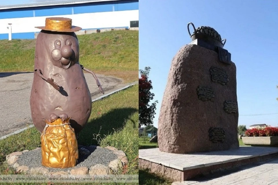 Слева памятник картошке в Тулово, справа - в Дещенке. Фото: vitbichi.by/Светлана КУРЕЙЧИК