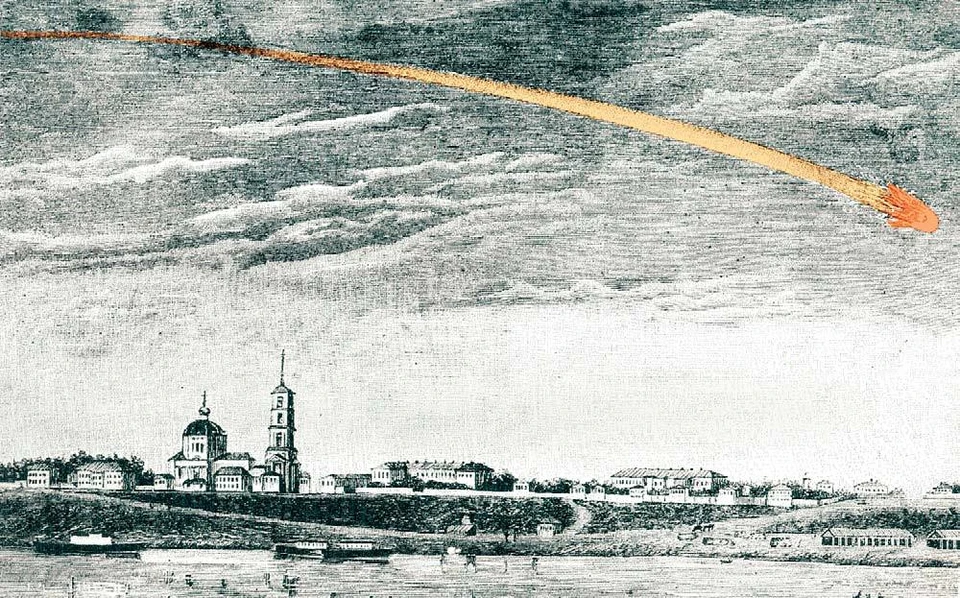 Полет Оханского метеорита над Пермью. Рисунок с натуры А. В. Селиванова