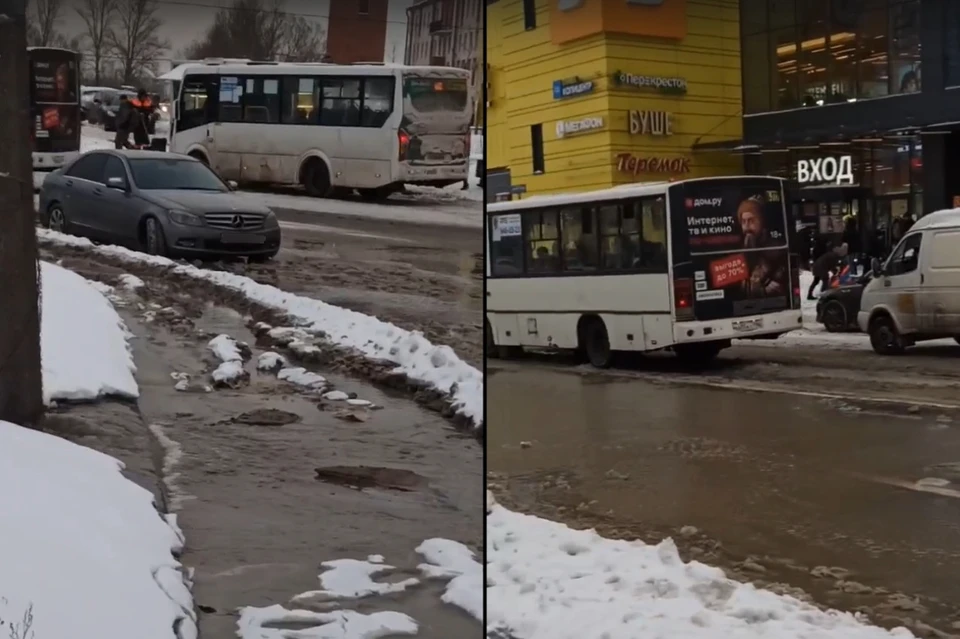 В Петербурге прорвало трубу возле станции метро "Рыбацкое", Тепловозная улица оказалась под водой. Фото: vk.com/spb_today