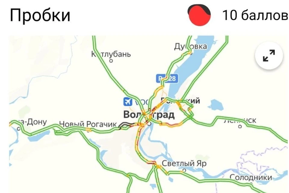 Из-за сильной метели Волгоград сковали 10-балльные пробки. Фото: скрин Яндекс.Пробки.