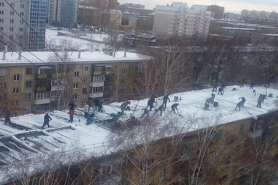 Группа мужчин активно чистит снег на крыше. Фото: Нина