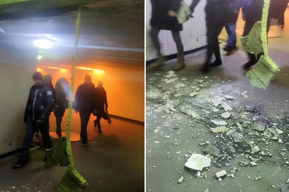 Штукатурка отвалилась в подземном переходе на "Выборгской". Фото: vk.com/spb_today