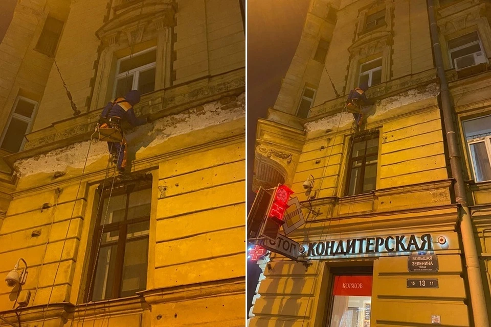 Альпинисты "обстучали" проблемный фасад дома напротив "Чкаловской". Фото: пресс-служба администраци петроградского района.