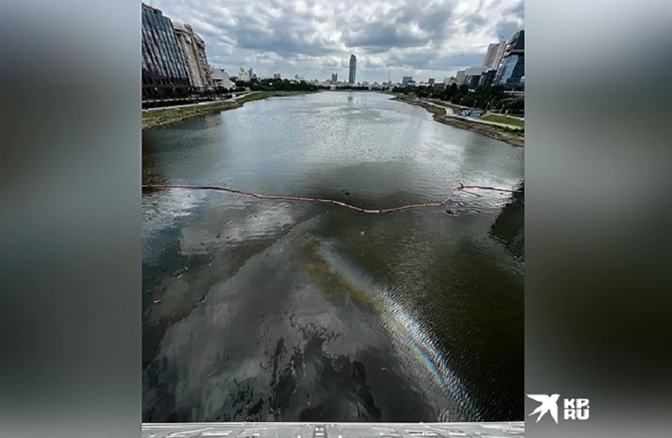 Пятно бензина расползлось по Городскому пруду. Фото: читатель "КП-Екатеринбург"