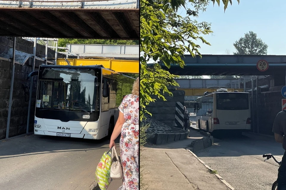 Второй за две недели пассажирский автобус застрял под мостом на Южном шоссе в Петербурге. Фото: vk.com/spb_today