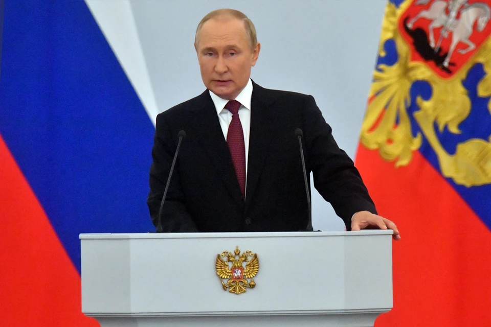 Vladimir Putin at the ceremony of signing treaties on the accession of new territories to Russia