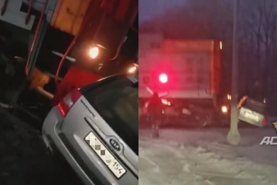 Под Новосибирском товарный поезд на ходу снес автомобиль. Фото: АСТ-54.