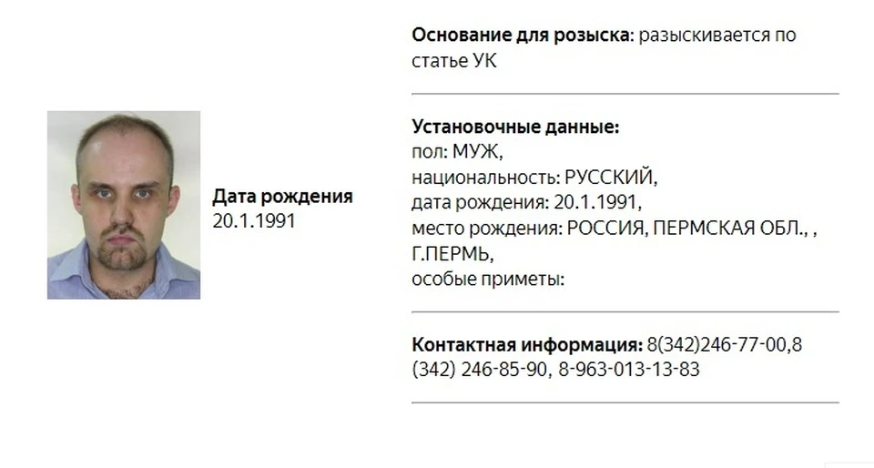 Фото: скриншот карточки из базы розыска МВД России