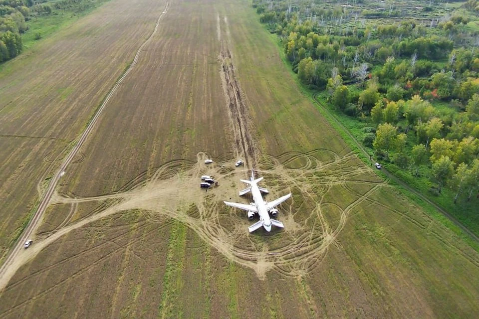 Местные едут в поле, чтобы снять лайнер на таком необычном «аэродроме». Фото: пресс-служба «Уральских авиалиний».
