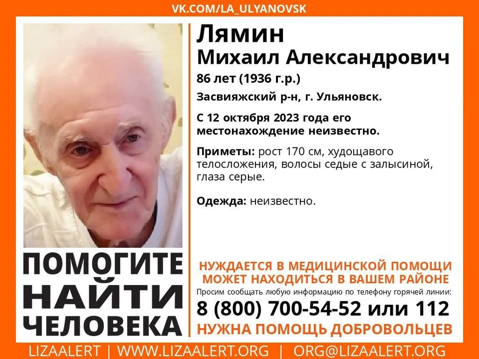 Известно, что пропавший в Ульяновске мужчина нуждается в медицинской помощи. Фото "Лиза Алерт"