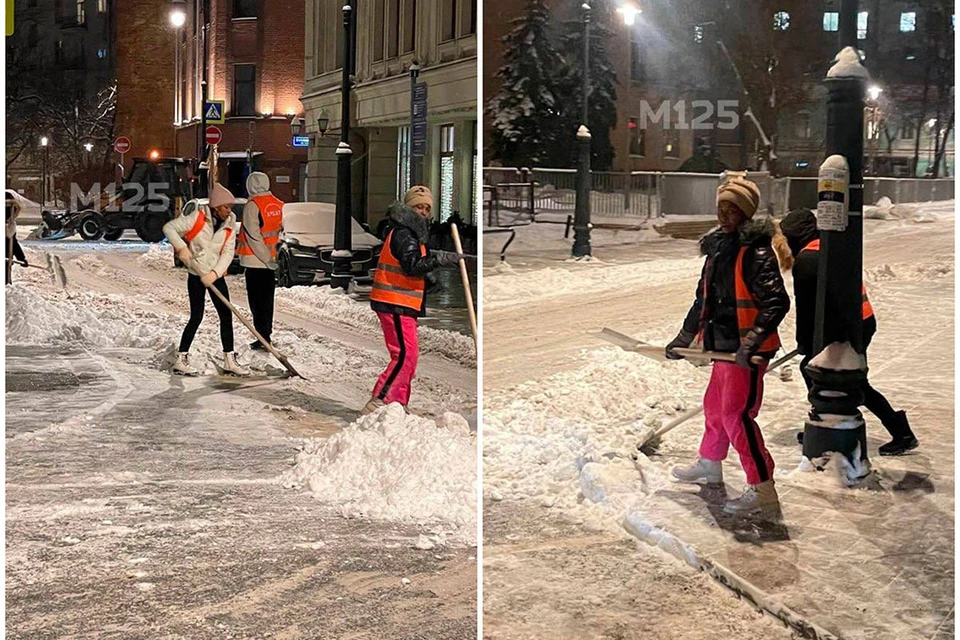 В столичных соцсетях постят снимки, сделанные в московском районе Арбат. Отряд темнокожих девушек с лопатами самоотверженно расчищает тротуары от снега. Фото: «Москва 125»