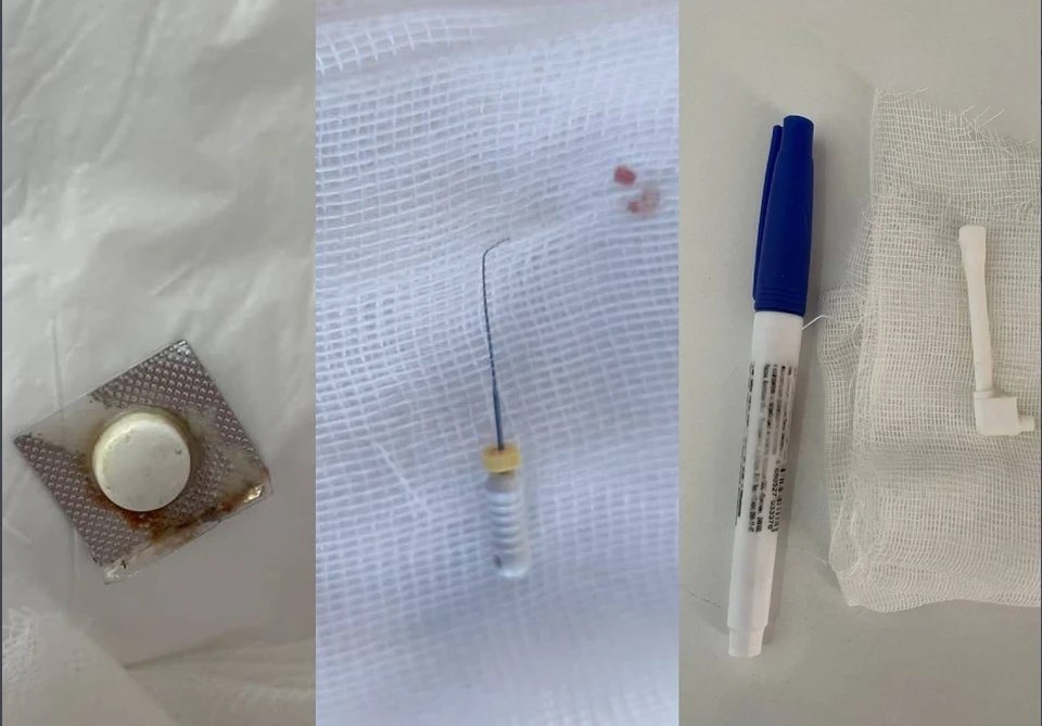 На снимке: блистер от таблетки, спрей-катетер от аэрозоли, стоматологическая капсульная игла. Фото: t.me/kbsmp25