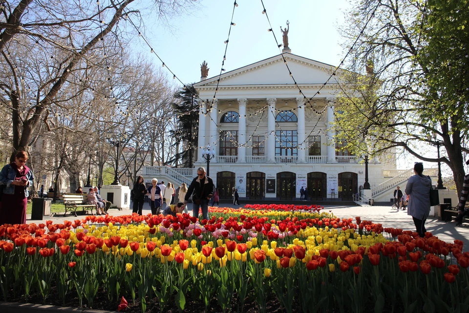 Возле Севастопольского академического театра танца целое море тюльпанов.