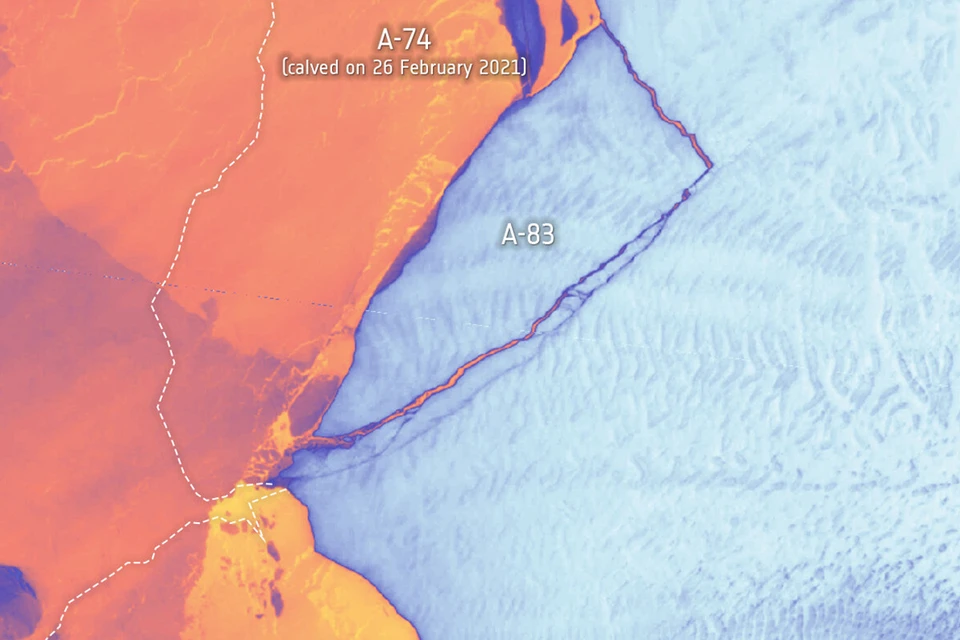 Отделение айсберга А-83 стало третьим значительным отколом айсберга в этом регионе за последние четыре года. Фото: ESA