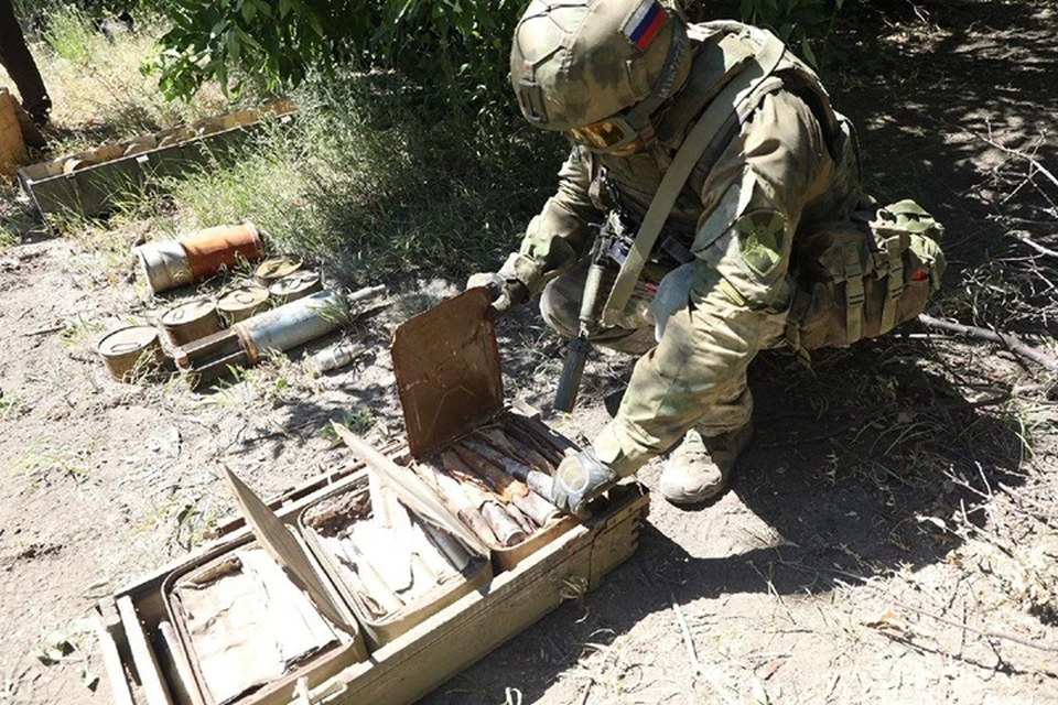 На территории ЛНР в лесополосе выявили замаскированный тайник с вооружением стран НАТО. Фото - Росгвардия