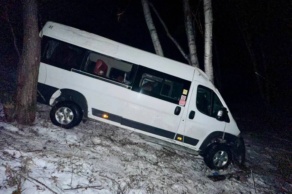 Маршрутка съехала с дороги и врезалась в дерево по дороге из Улан-Удэ в Иркутск. Фото: Госавтоинспекция Иркутской области.