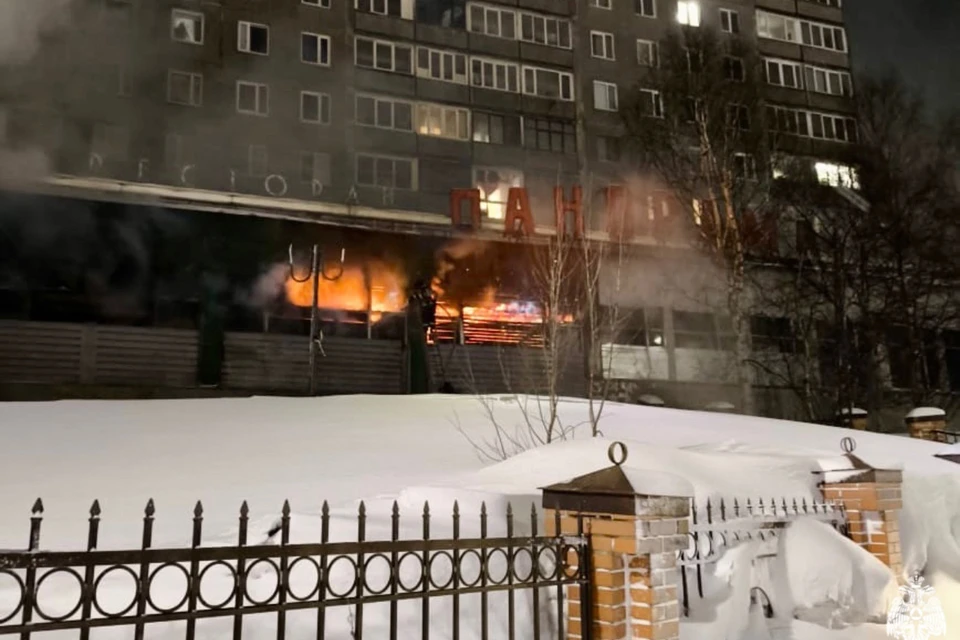 Вечером 16 марта сильный пожар случился в доме № 5/1 на проспекте Героев-североморцев в Мурманске. Фото: ГУ МЧС по Мурманской области