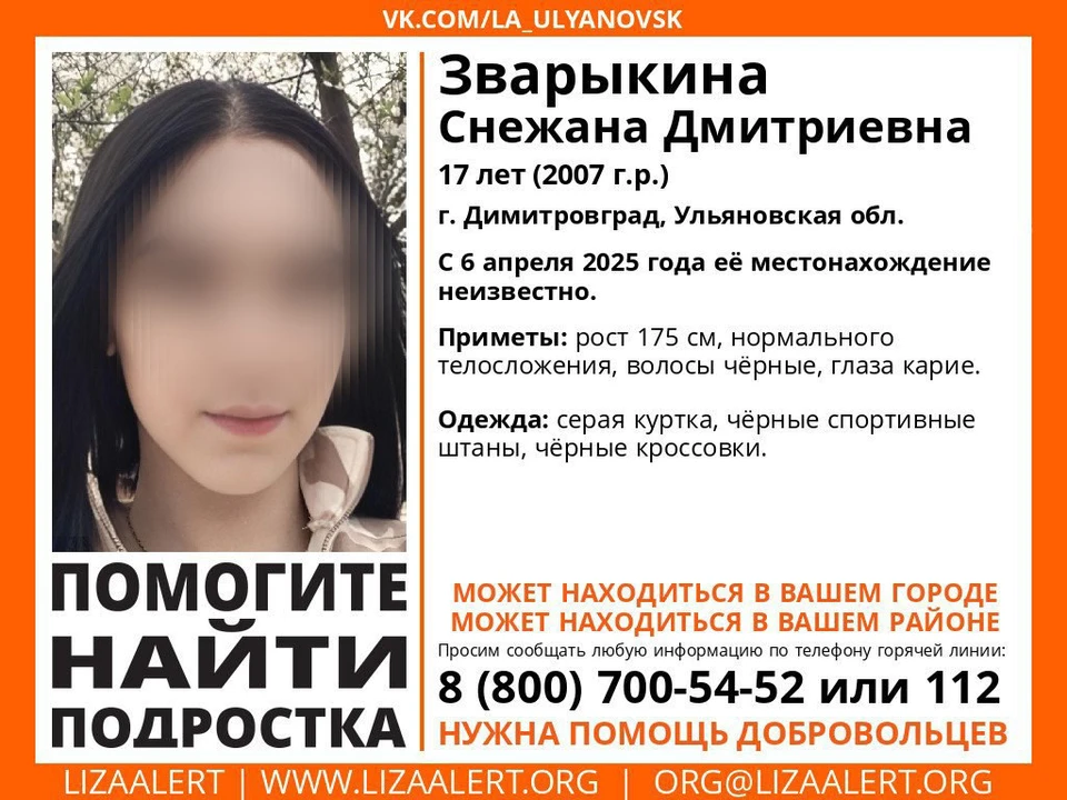 В Димитровграде с 6 апреля разыскивают 17-летнюю девушку | ФОТО: телеграм-канал ДПСО "ЛизаАлерт" Ульяновской области