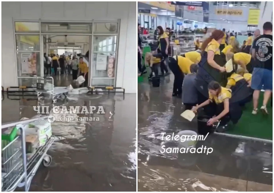 Целое море образовалось внутри магазина. Фото: https://t.me/chp_samara / https://t.me/samaradtp