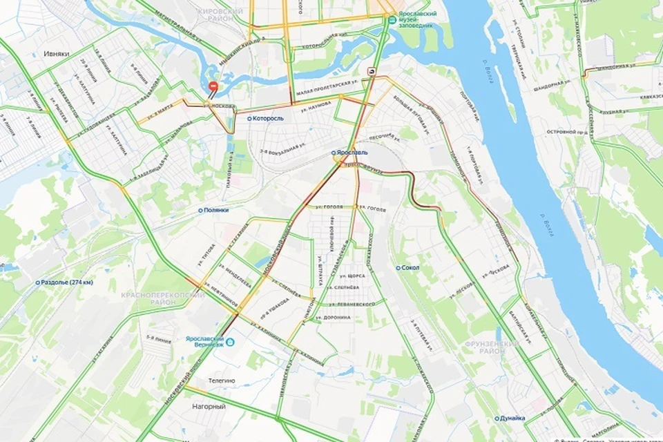 Ярославль стоит в семибаллой пробке. Изображение: "Яндекс"