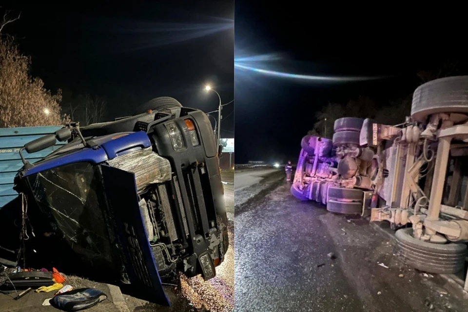 Грузовик с топливом опрокинулся в Новосибирске. Фото: спасатели МАСС