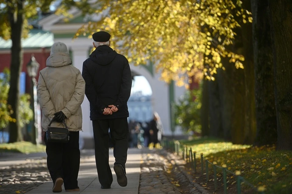 Пожилая пара гуляет по парку