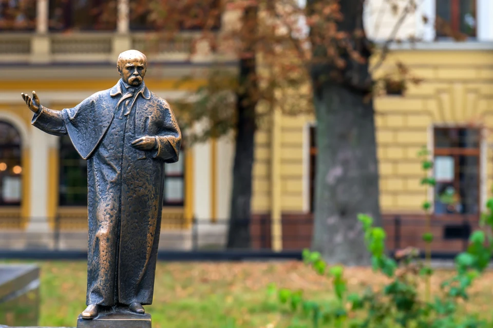 Перед украинским институтом национальной памяти (УИНП) стоит молчаливая статуя поэта Тараса Шевченко. Фото: Yu.li.ko/Shutterstock/Fotodom