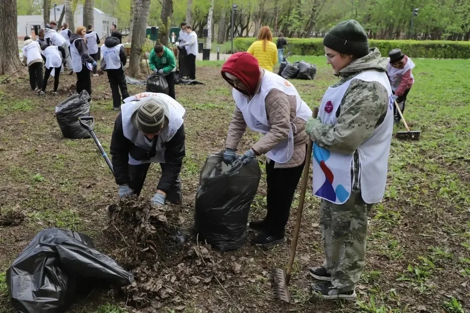 Студенты убрали от мусора и прошлогодней листвы участок общественной территории со стороны улицы Калинина