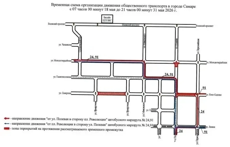 В Самаре с 07:00 18 мая до 21:00 31 мая из-за планового ремонта подземного газопровода введут временное ограничение движения транспорта и средств индивидуальной мобильности
