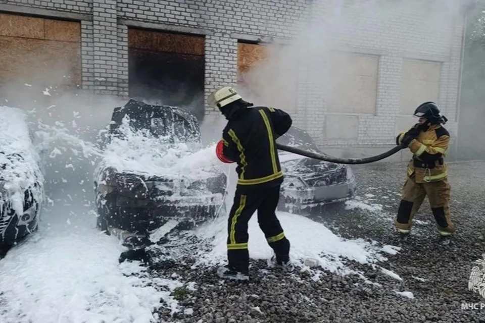 В результате удара возник пожар, который уничтожил два легковых автомобиля. ФОТО: МЧС России