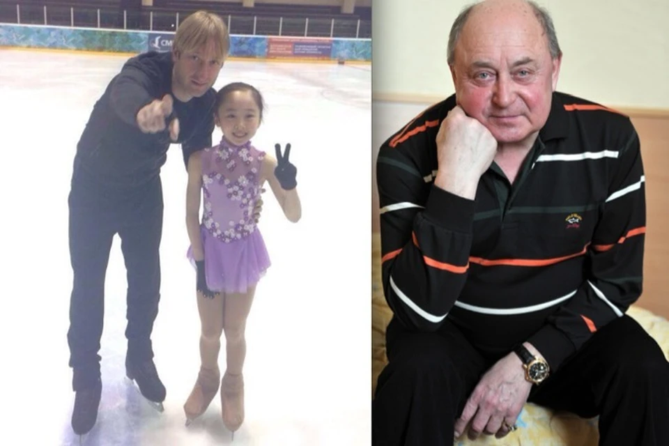 Плющенко на льду с юной фигуристкой, справа - его тренер Алексей Мишин.