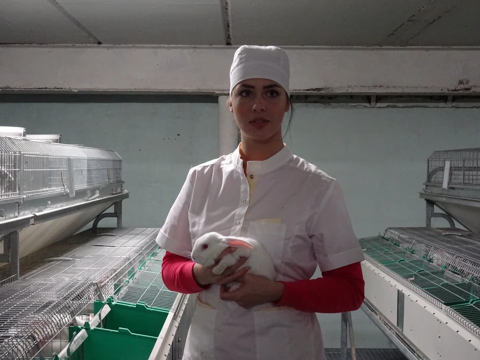 Фермерше всего 26 лет - в белом халате и медицинской шапочке она ходит между рядов кроликов, проверяя, как устроились животные.