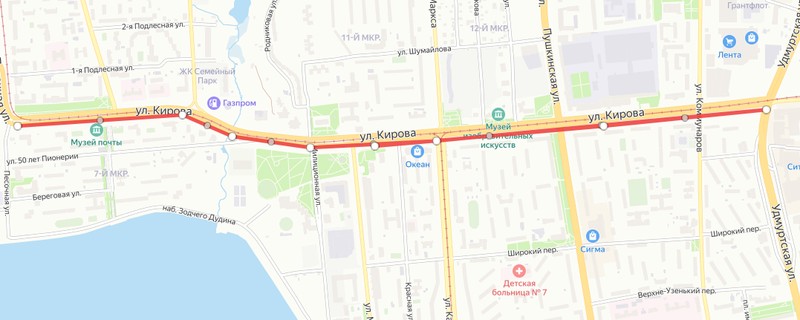 Велодорожка на улице Кирова не прерывается и идет по одной стороне улицы. Фото: Яндекс карты